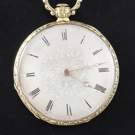 An early 20th century continental engraved gold dress pocket watch and an ornate 9ct albertina chain,